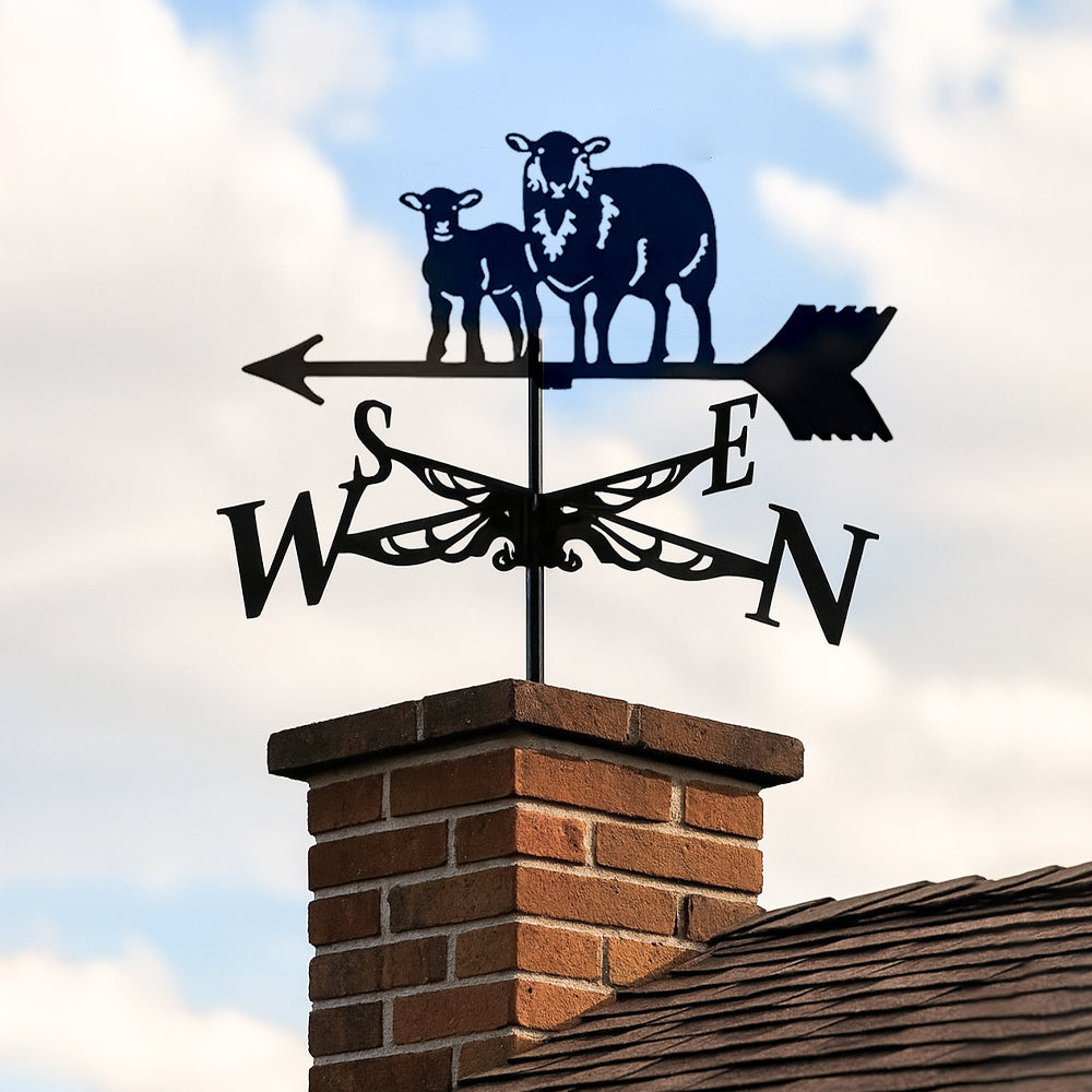Sheep and lamb metal weather vane with directional arrows and mounting rod, outdoor roof and garden decoration