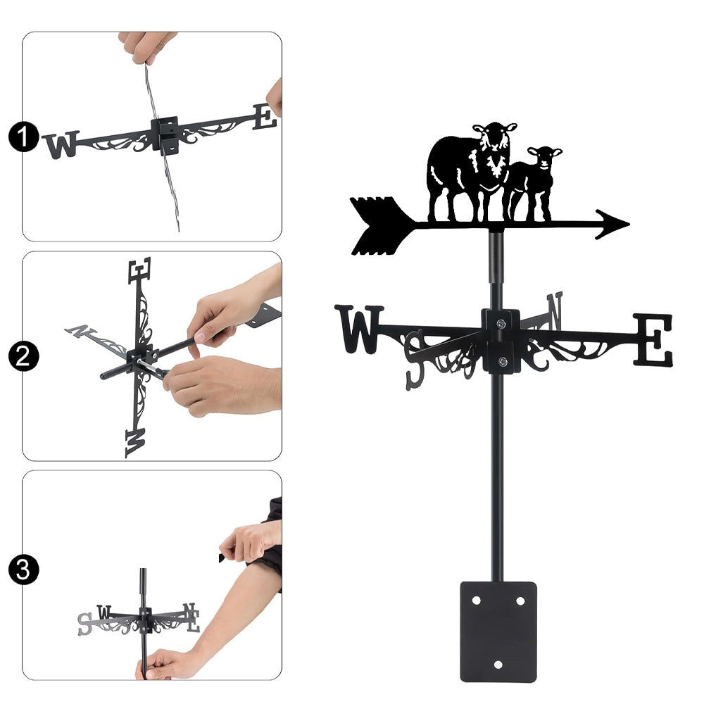Sheep and lamb metal weather vane with directional arrows and mounting rod, outdoor roof and garden decoration
