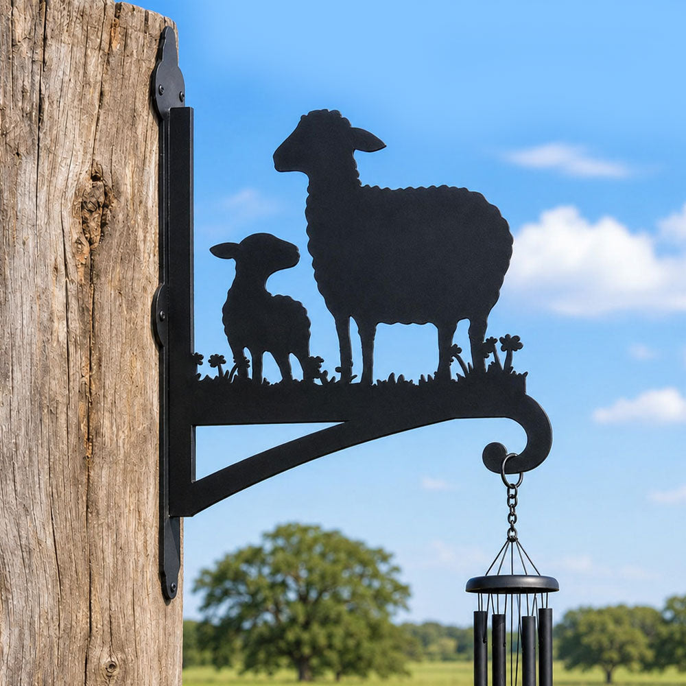 Sheep with lamb metal hanging basket bracket mounted on outdoor wall for plant decoration