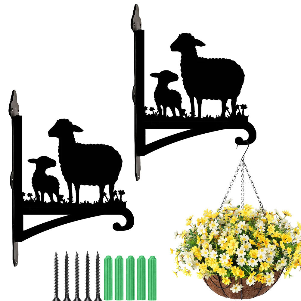 Sheep with lamb metal hanging basket bracket mounted on outdoor wall for plant decoration