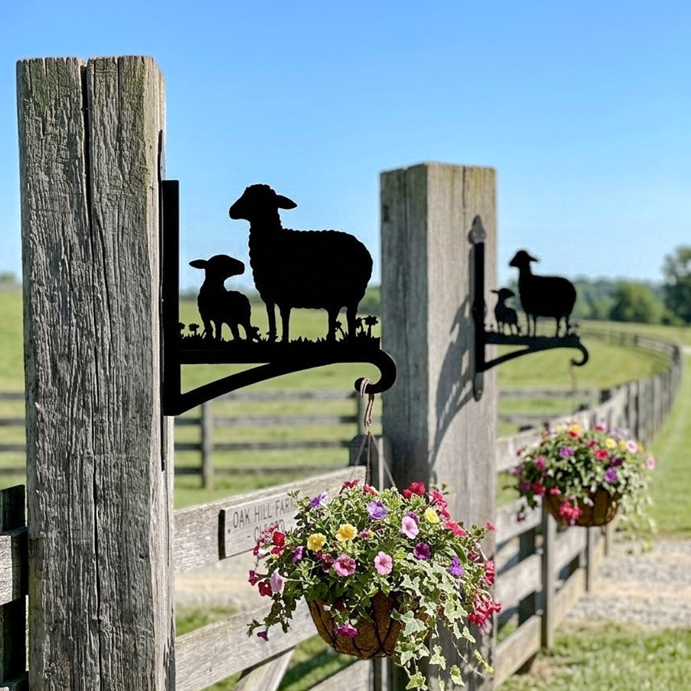 Sheep with lamb metal hanging basket bracket mounted on outdoor wall for plant decoration