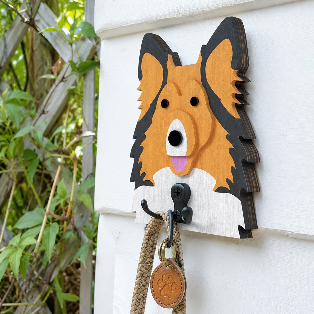 Wooden sheltie-shetland sheepdog dog wall hook key and leash holder for home entryway organizer