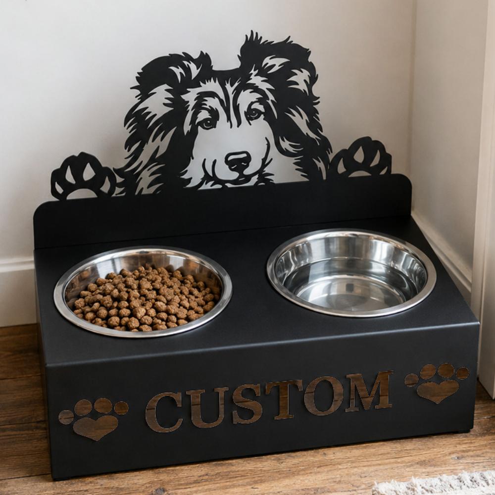 Personalized Shetland Sheepdog metal dog bowl stand with custom name cutout and two removable feeding bowls