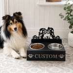 Personalized Shetland Sheepdog metal dog bowl stand with custom name cutout and two removable feeding bowls