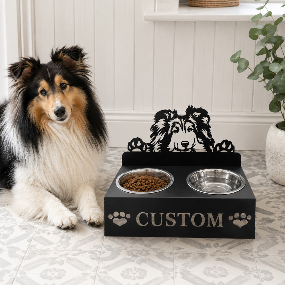Personalized Shetland Sheepdog metal dog bowl stand with custom name cutout and two removable feeding bowls