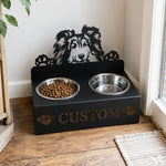 Personalized Shetland Sheepdog metal dog bowl stand with custom name cutout and two removable feeding bowls