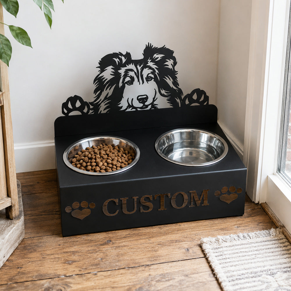Personalized Shetland Sheepdog metal dog bowl stand with custom name cutout and two removable feeding bowls