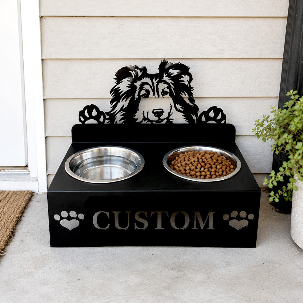Personalized Shetland Sheepdog metal dog bowl stand with custom name cutout and two removable feeding bowls