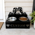 Personalized Shetland Sheepdog metal dog bowl stand with custom name cutout and two removable feeding bowls