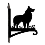 Shetland sheepdog metal hanging basket bracket mounted on outdoor wall for plant decoration