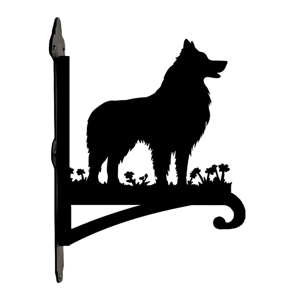 Shetland sheepdog metal hanging basket bracket mounted on outdoor wall for plant decoration