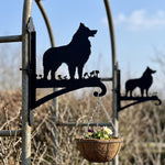 Shetland sheepdog metal hanging basket bracket mounted on outdoor wall for plant decoration