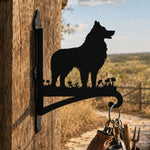 Shetland sheepdog metal hanging basket bracket mounted on outdoor wall for plant decoration