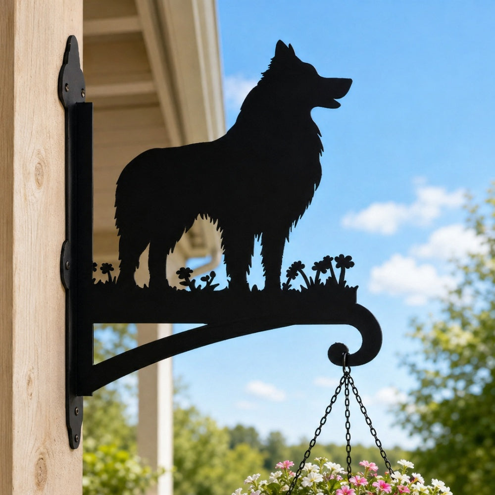 Shetland sheepdog metal hanging basket bracket mounted on outdoor wall for plant decoration