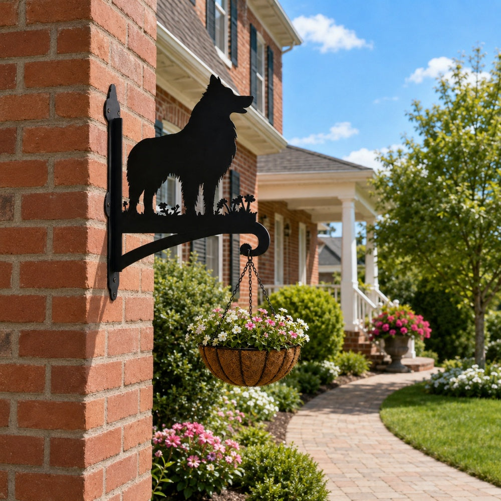 Shetland sheepdog metal hanging basket bracket mounted on outdoor wall for plant decoration