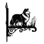 Shetland sheepdog metal hanging basket bracket mounted on outdoor wall for plant decoration