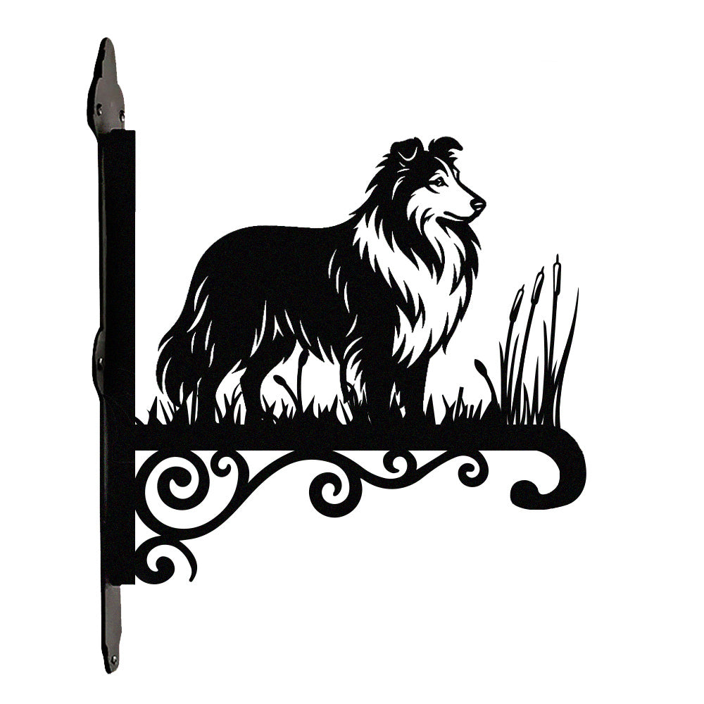 Shetland sheepdog metal hanging basket bracket mounted on outdoor wall for plant decoration