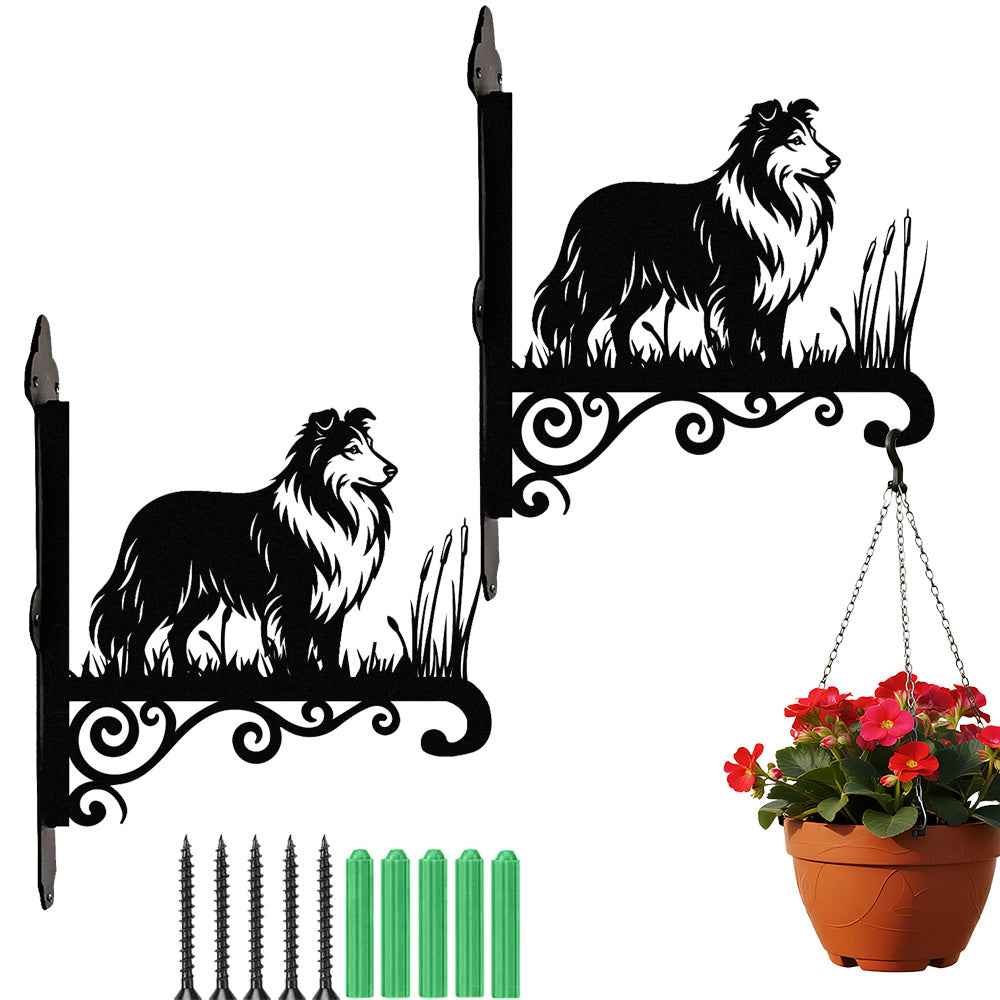 Shetland sheepdog metal hanging basket bracket mounted on outdoor wall for plant decoration