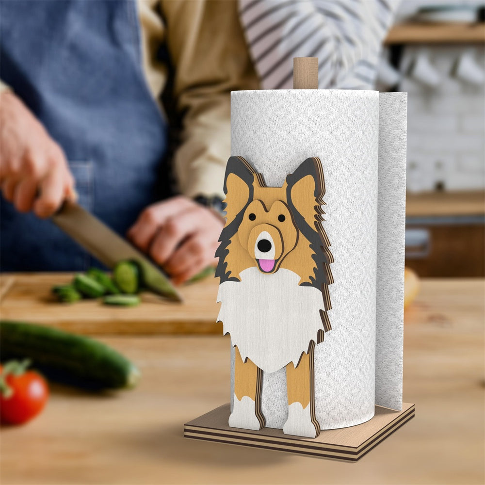 Shetland Sheepdog Wooden Dog Paper Towel Holder displayed on a kitchen countertop with a freestanding paper towel roll