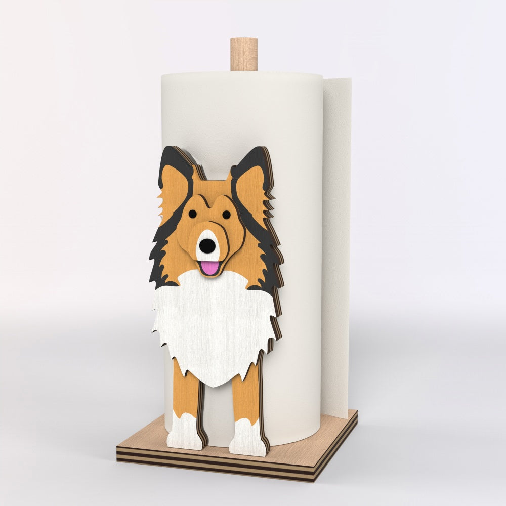 Shetland Sheepdog Wooden Dog Paper Towel Holder displayed on a kitchen countertop with a freestanding paper towel roll