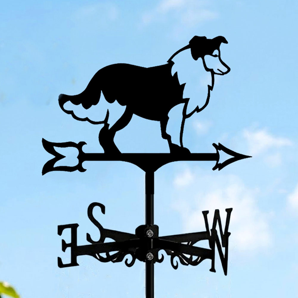 Shetland sheepdog metal weather vane with directional arrows and mounting rod, outdoor roof and garden decoration