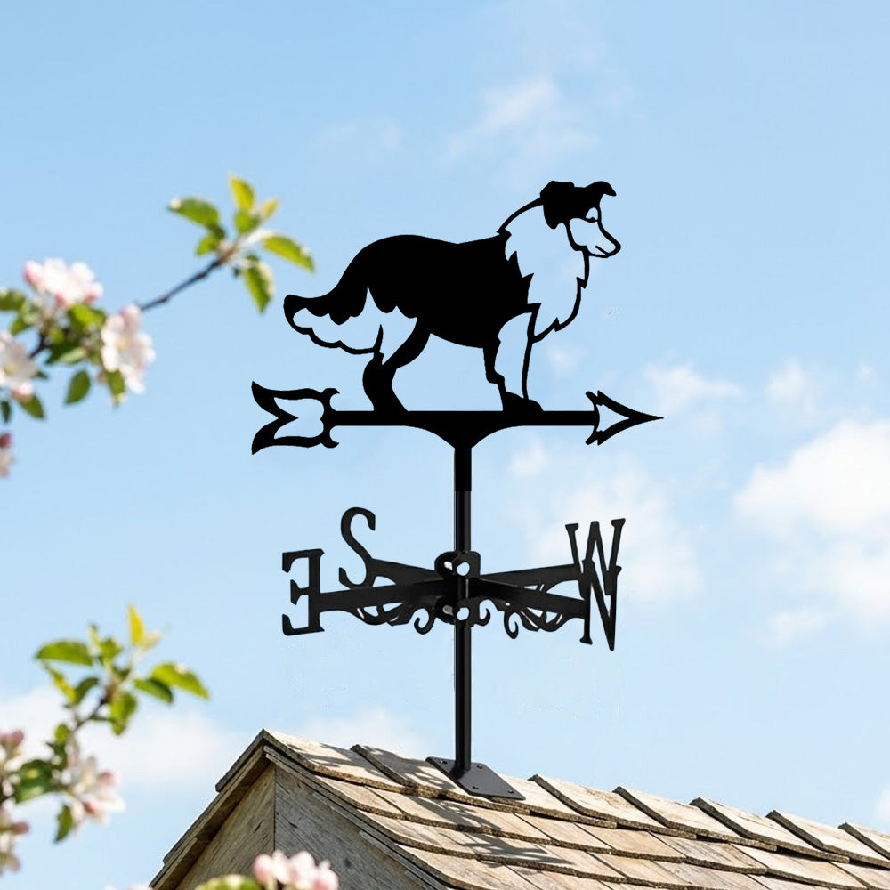 Shetland sheepdog metal weather vane with directional arrows and mounting rod, outdoor roof and garden decoration