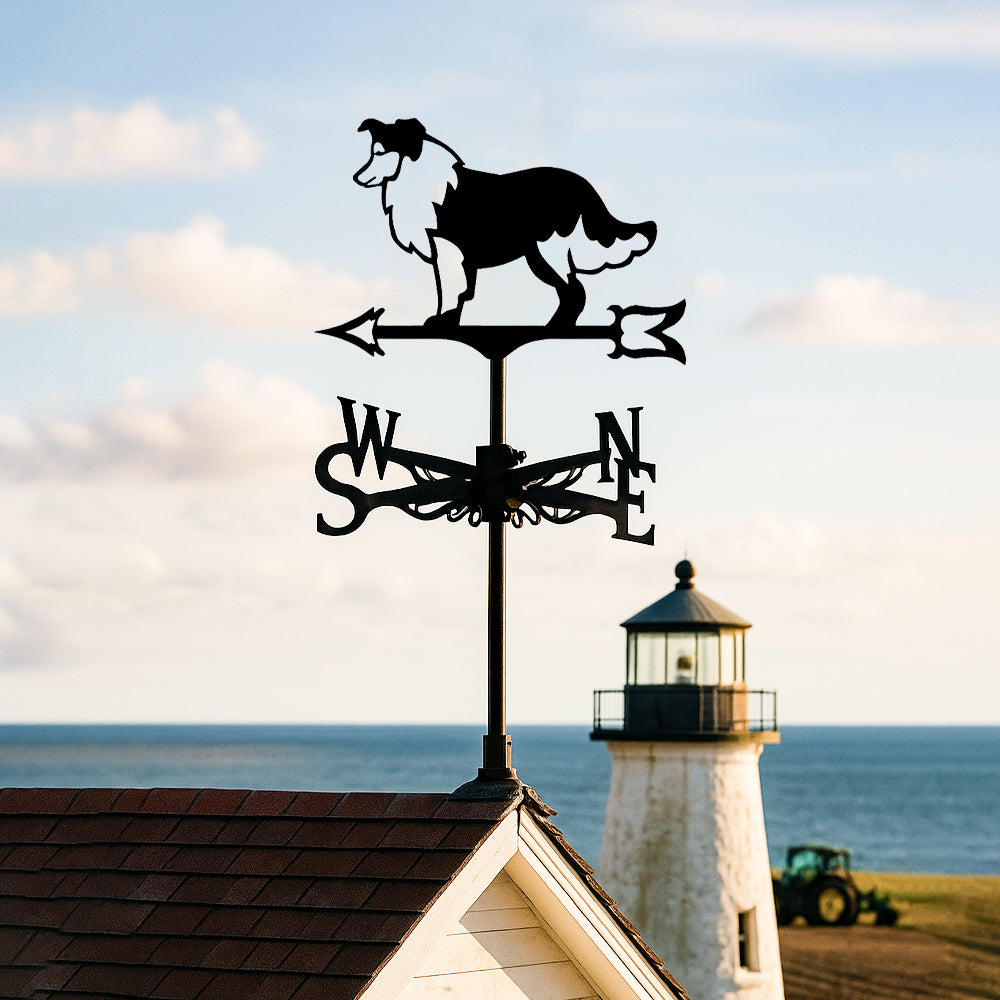 Shetland sheepdog metal weather vane with directional arrows and mounting rod, outdoor roof and garden decoration