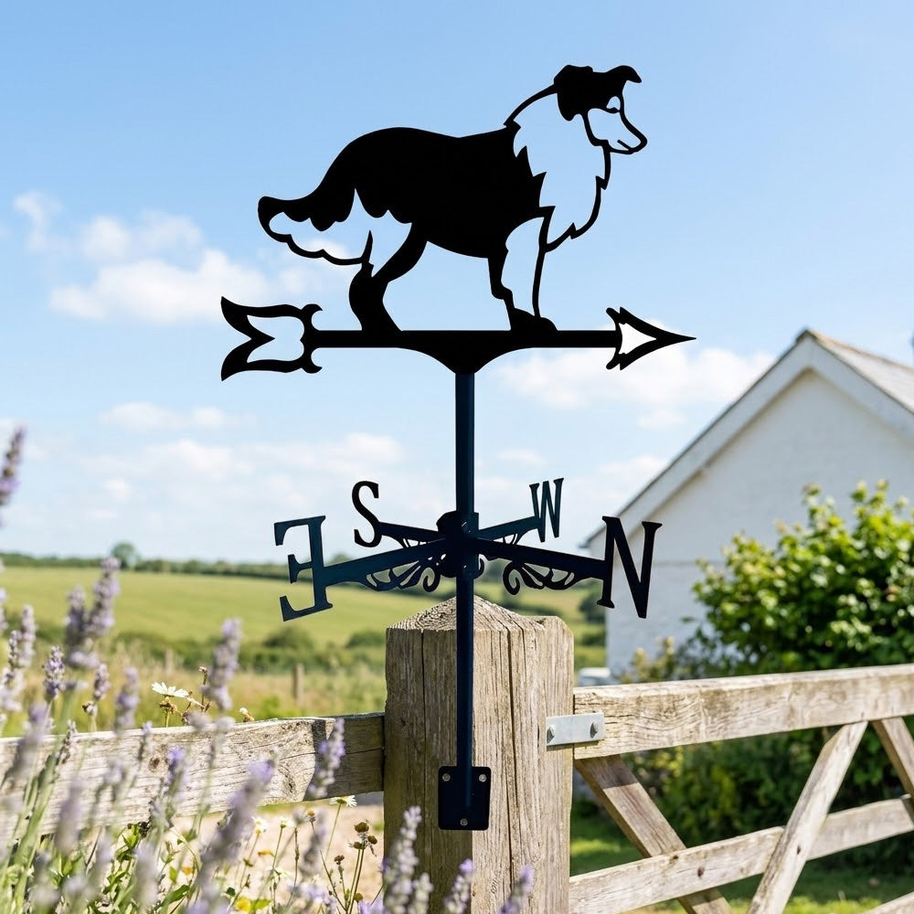 Shetland sheepdog metal weather vane with directional arrows and mounting rod, outdoor roof and garden decoration