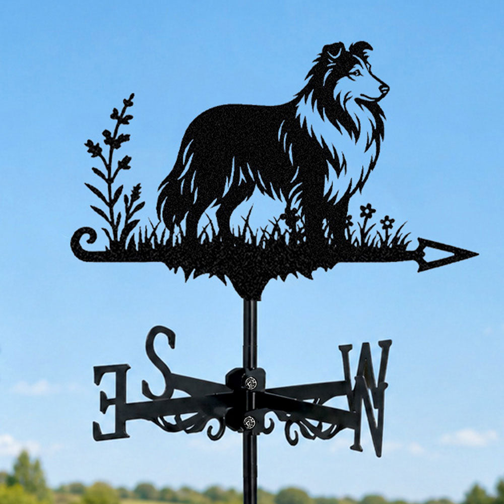 Shetland sheepdog metal weather vane with directional arrows and mounting rod, outdoor roof and garden decoration
