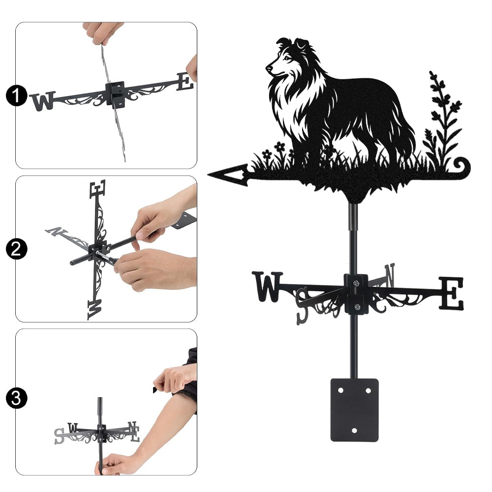 Shetland sheepdog metal weather vane with directional arrows and mounting rod, outdoor roof and garden decoration