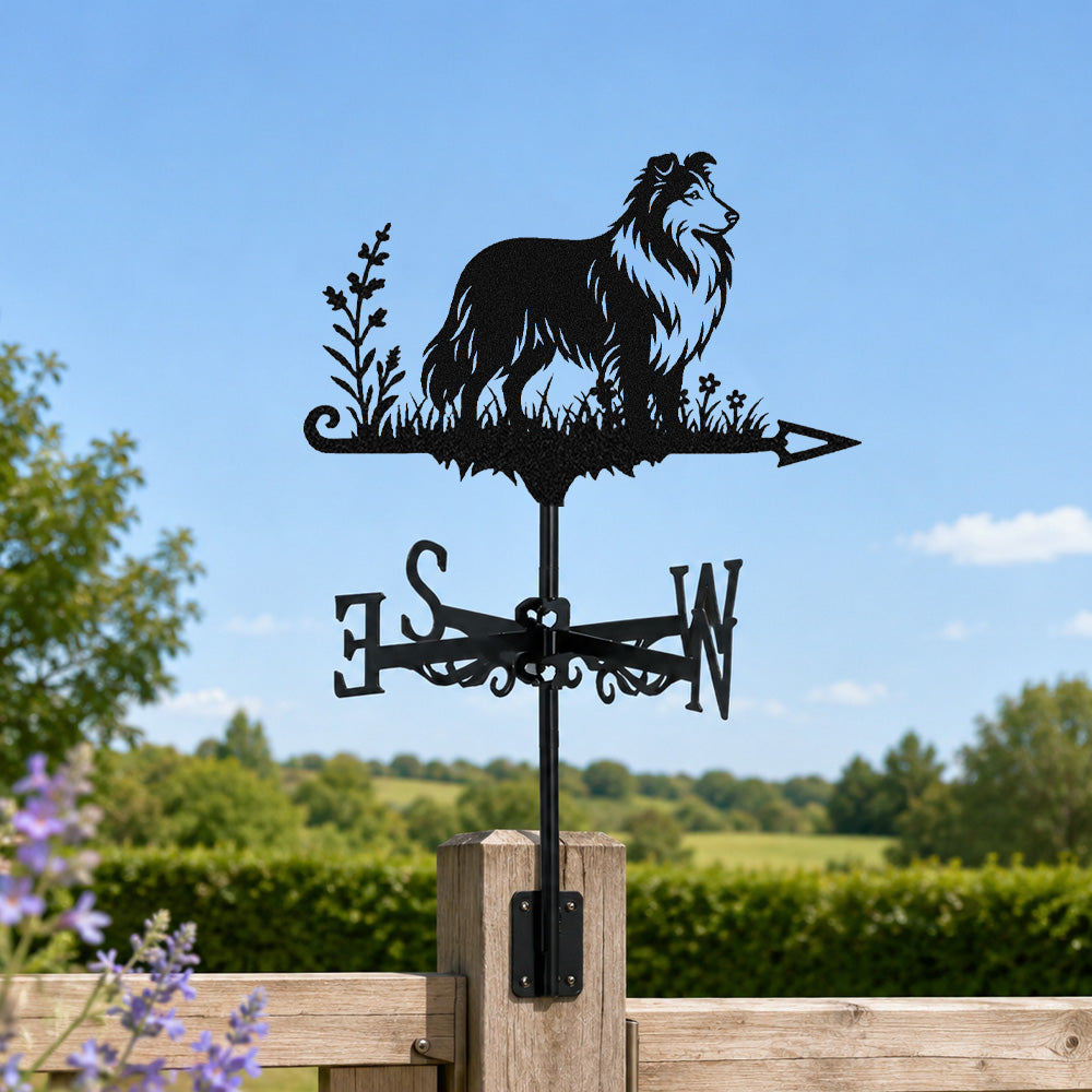 Shetland sheepdog metal weather vane with directional arrows and mounting rod, outdoor roof and garden decoration