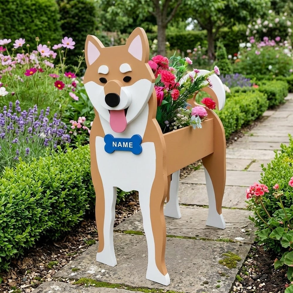 Shiba Inu dog planter filled with fresh flowers is placed in the garden.