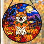 Shiba Inu Halloween stained glass suncatcher window hanging, suitable for home and garden decoration
