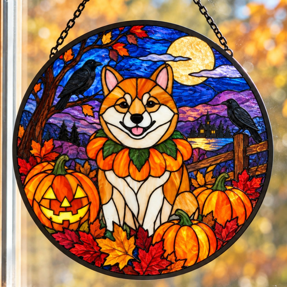 Shiba Inu Halloween stained glass suncatcher window hanging, suitable for home and garden decoration