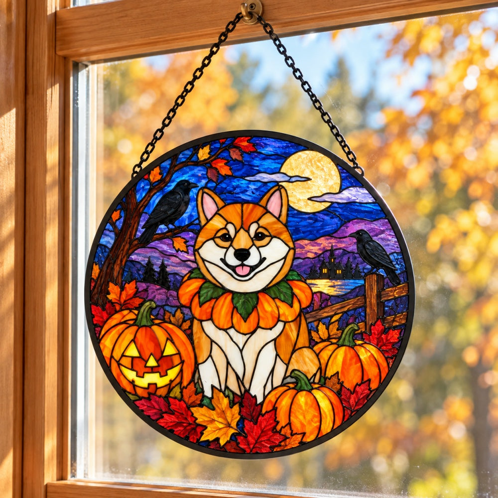 Shiba Inu Halloween stained glass suncatcher window hanging, suitable for home and garden decoration