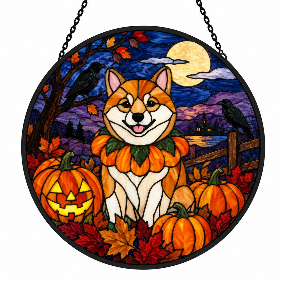 Shiba Inu Halloween stained glass suncatcher window hanging, suitable for home and garden decoration