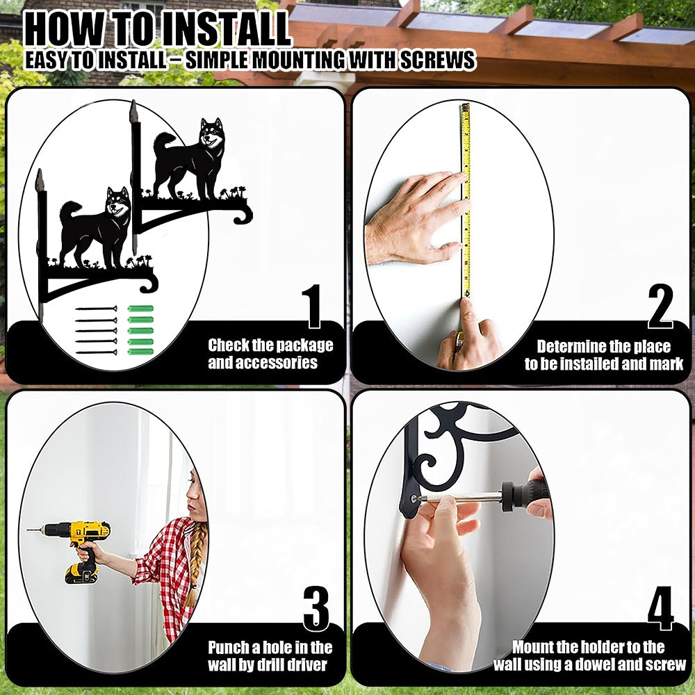 Shiba inu metal hanging basket bracket mounted on outdoor wall for plant decoration