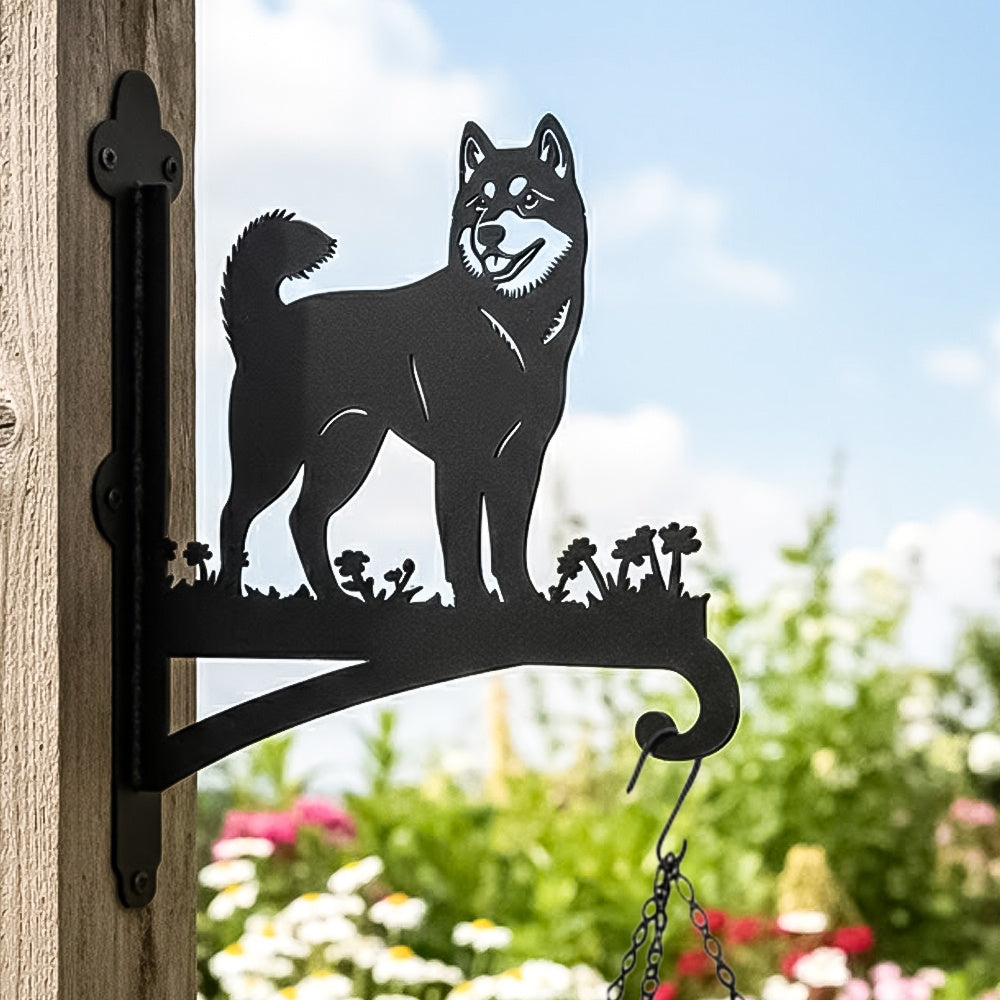 Shiba inu metal hanging basket bracket mounted on outdoor wall for plant decoration