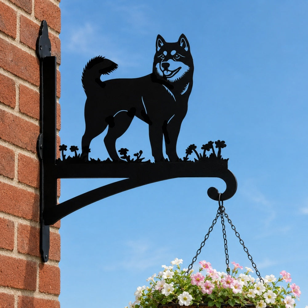 Shiba inu metal hanging basket bracket mounted on outdoor wall for plant decoration