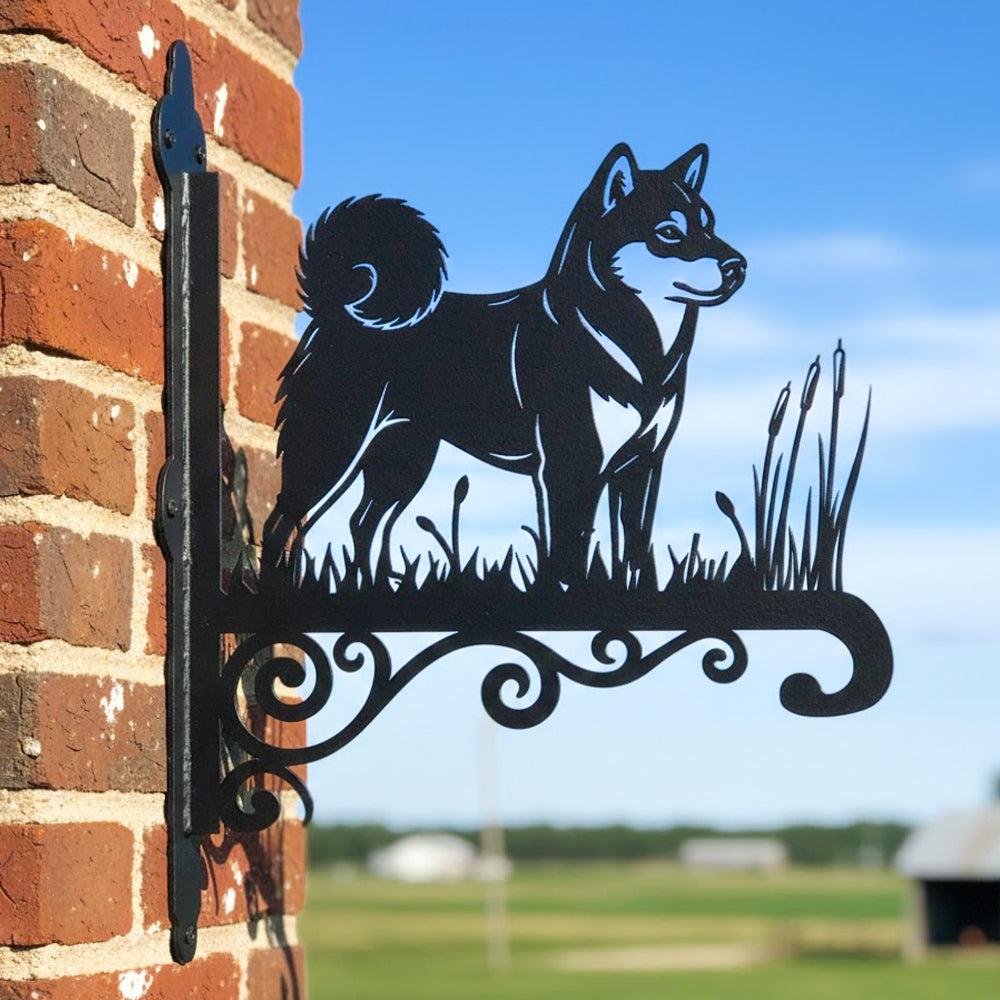 Shiba inu metal hanging basket bracket mounted on outdoor wall for plant decoration