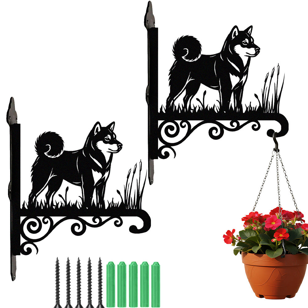 Shiba inu metal hanging basket bracket mounted on outdoor wall for plant decoration