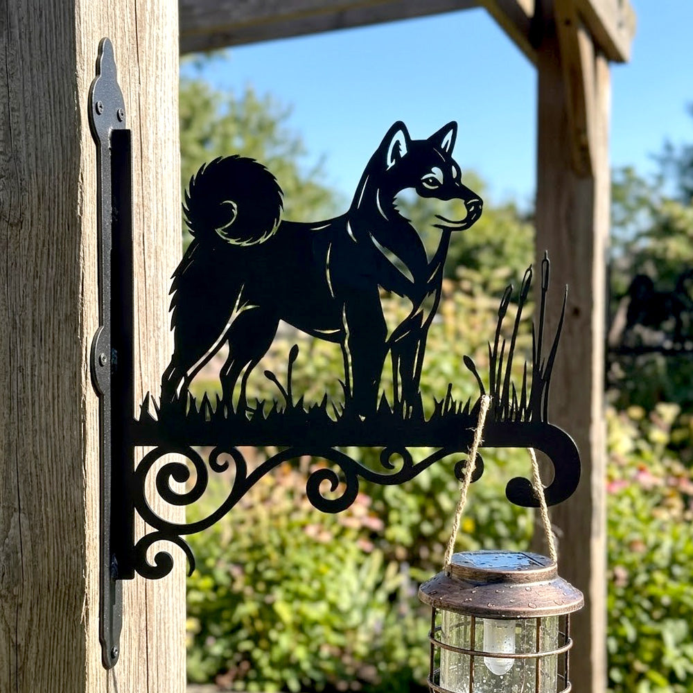 Shiba inu metal hanging basket bracket mounted on outdoor wall for plant decoration