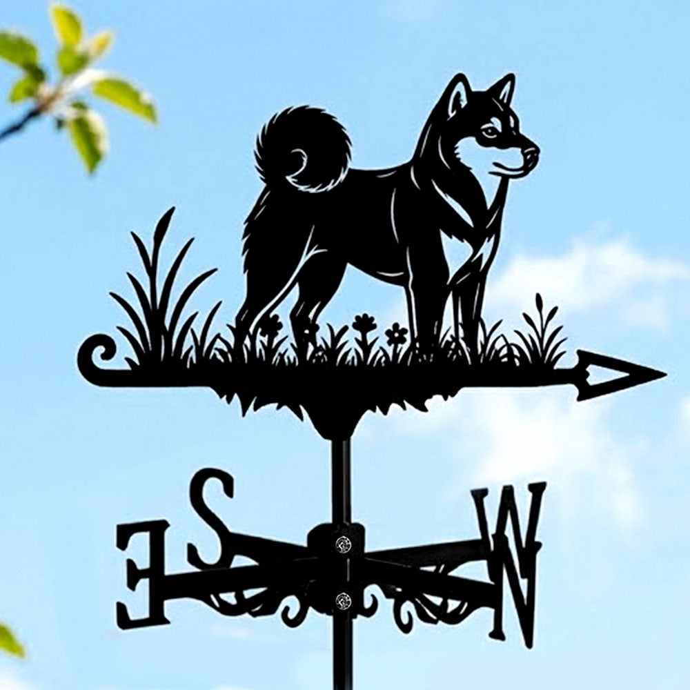 Shiba inu metal weather vane with directional arrows and mounting rod, outdoor roof and garden decoration