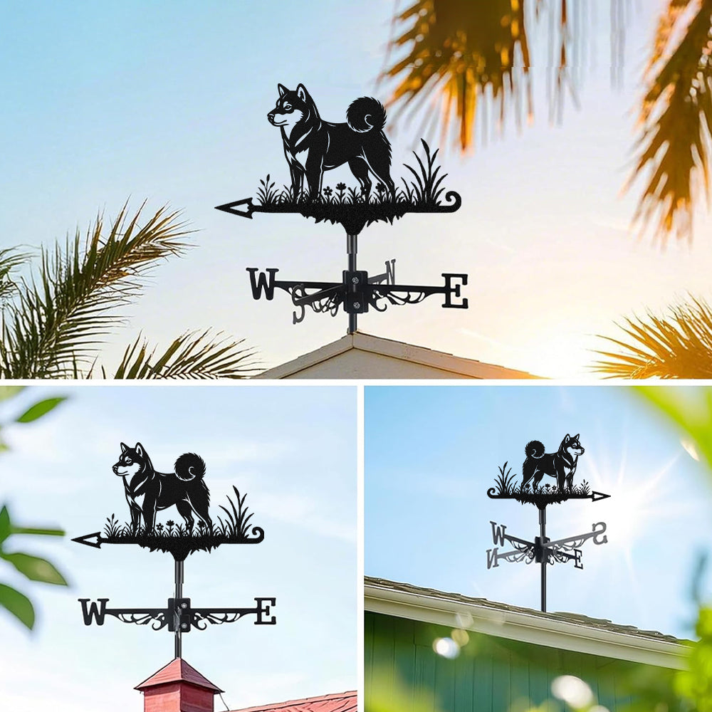 Shiba inu metal weather vane with directional arrows and mounting rod, outdoor roof and garden decoration