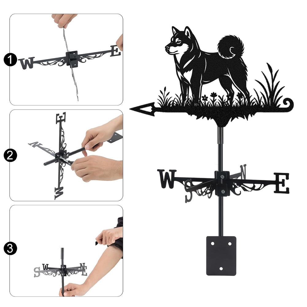 Shiba inu metal weather vane with directional arrows and mounting rod, outdoor roof and garden decoration