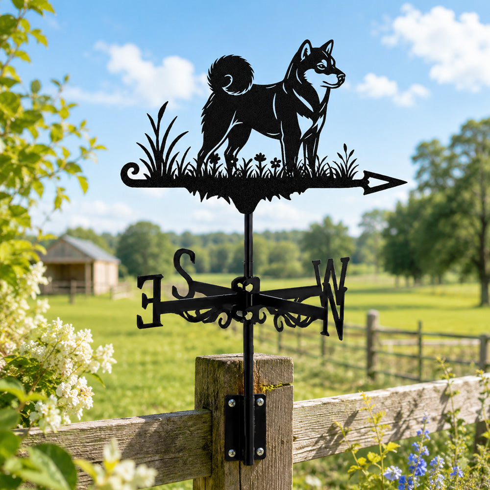 Shiba inu metal weather vane with directional arrows and mounting rod, outdoor roof and garden decoration