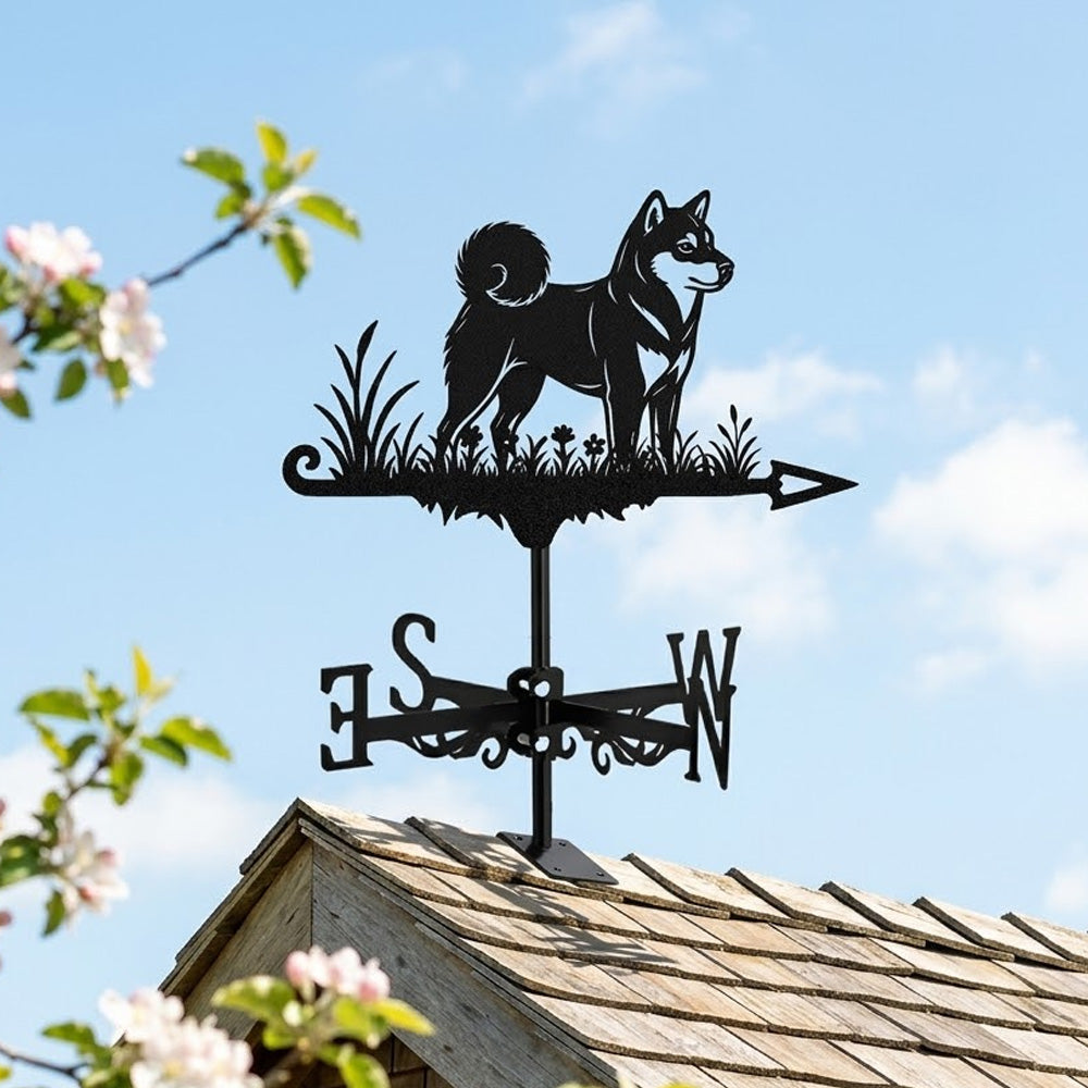 Shiba inu metal weather vane with directional arrows and mounting rod, outdoor roof and garden decoration