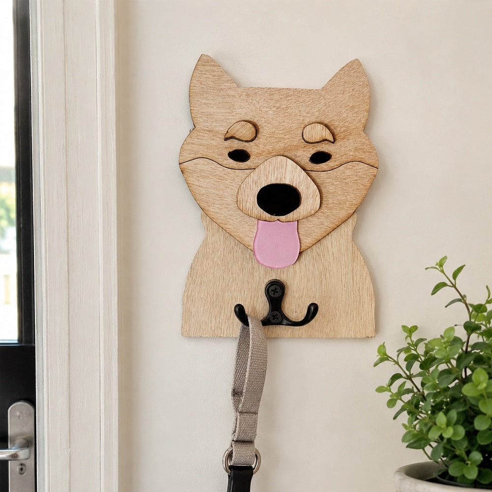 Shiba Inu wooden dog wall hook key and leash holder for home entryway organizer