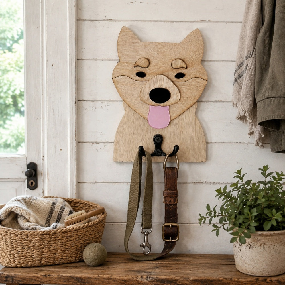 Shiba Inu wooden dog wall hook key and leash holder for home entryway organizer