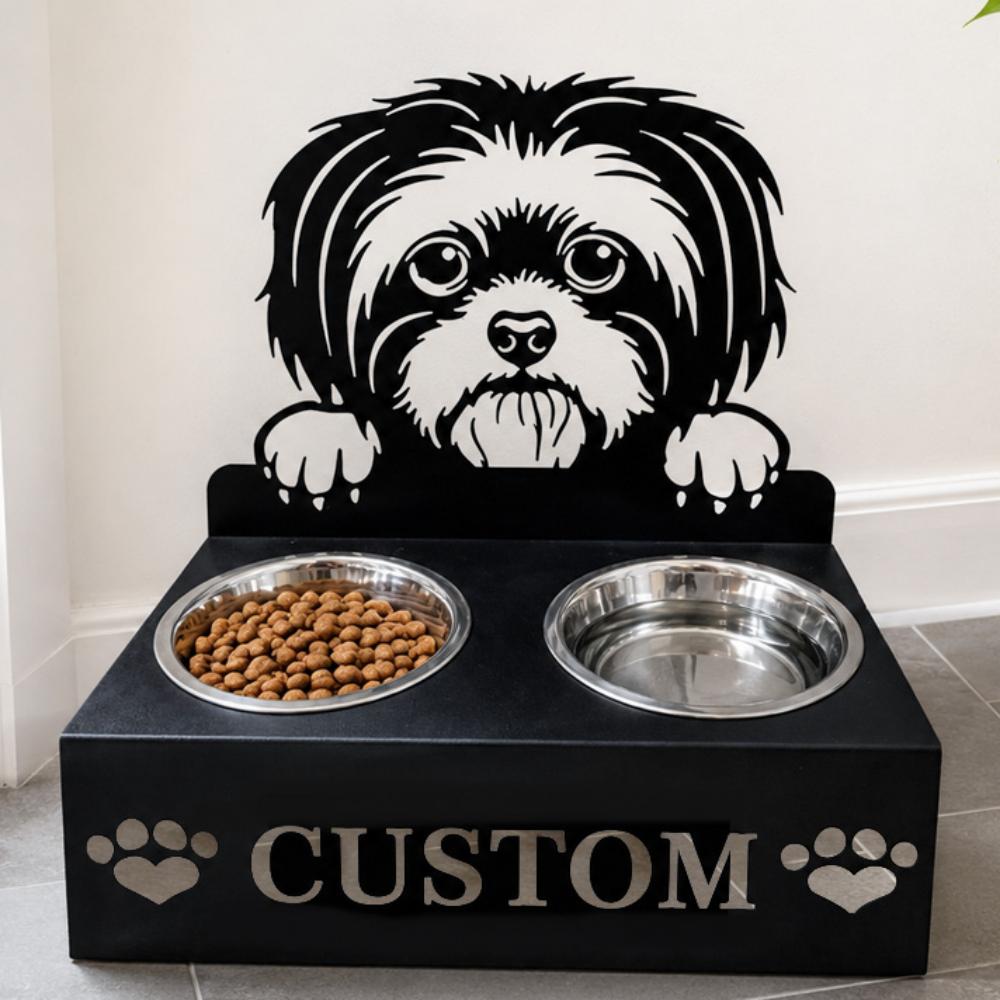 Personalized Shih Tzu metal dog bowl stand with custom name cutout and two removable feeding bowls